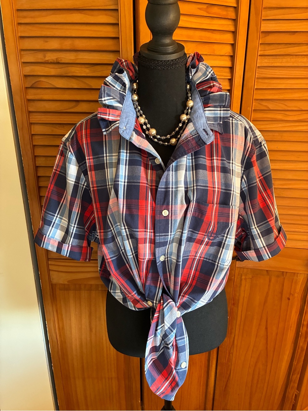 Chaps Plaid Button-Front Tie Waist Shirt - Red & Blue